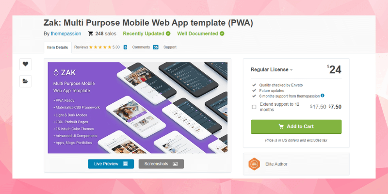 Zak: modello di app Web mobile multiuso (PWA) di JBSofts