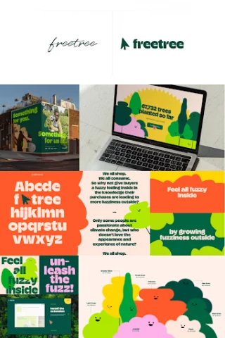 freetree – mnóstwo ziemskich kolorów, takich jak pomarańczowy i zielony, z rozmytym miękkim tekstem i mnóstwem uśmiechniętych drzew na wszystkich zasobach