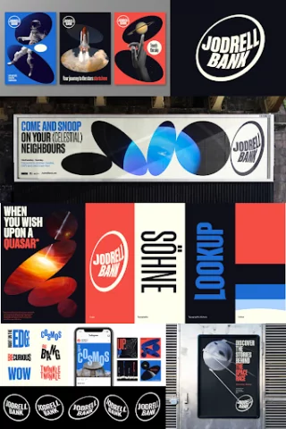 rebranding o tematyce kosmicznej dla Jodrell Bank – czarne tło z akcentami niebieskiego, czerwonego i białego z kosmicznymi obrazami i idiomami związanymi z kosmosem