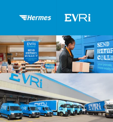 hermes zmienia nazwę na evri – te same kolory niebieski i biały, ale inna czcionka dla każdej litery EVRI