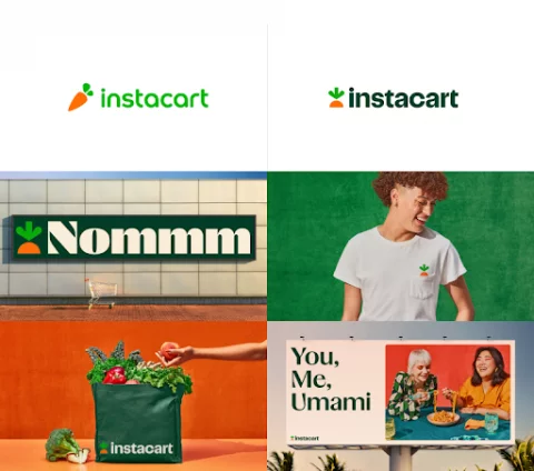 Instacart - prosta zielono-pomarańczowo-biała kolorystyka z rozpoznawalnym logo marchwi