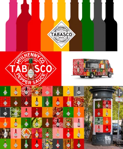 Tabasco - logo zostało umieszczone z przodu i na środku odświeżenia na tle wielobarwnych butelek po sosie lub tła. Paleta kolorów, ale przede wszystkim ciepłe odcienie.