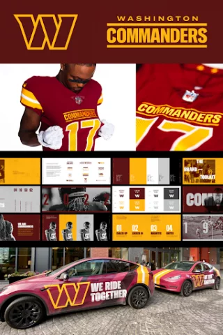 Washington Commanders nowy branding - ciemna czerwień i pomarańcz to główne kolory z nazwami pisanymi wielkimi literami na koszulkach, samochodach i plakatach