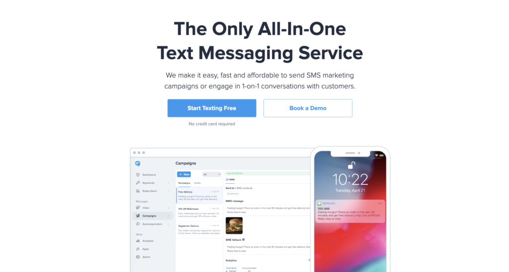 captura de pantalla de la página de inicio de SimpleTexting