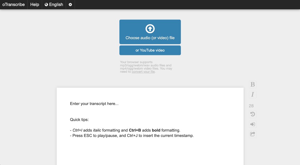 oTranscribe загрузить файл для преобразования