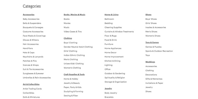 Lista de categorías de Etsy