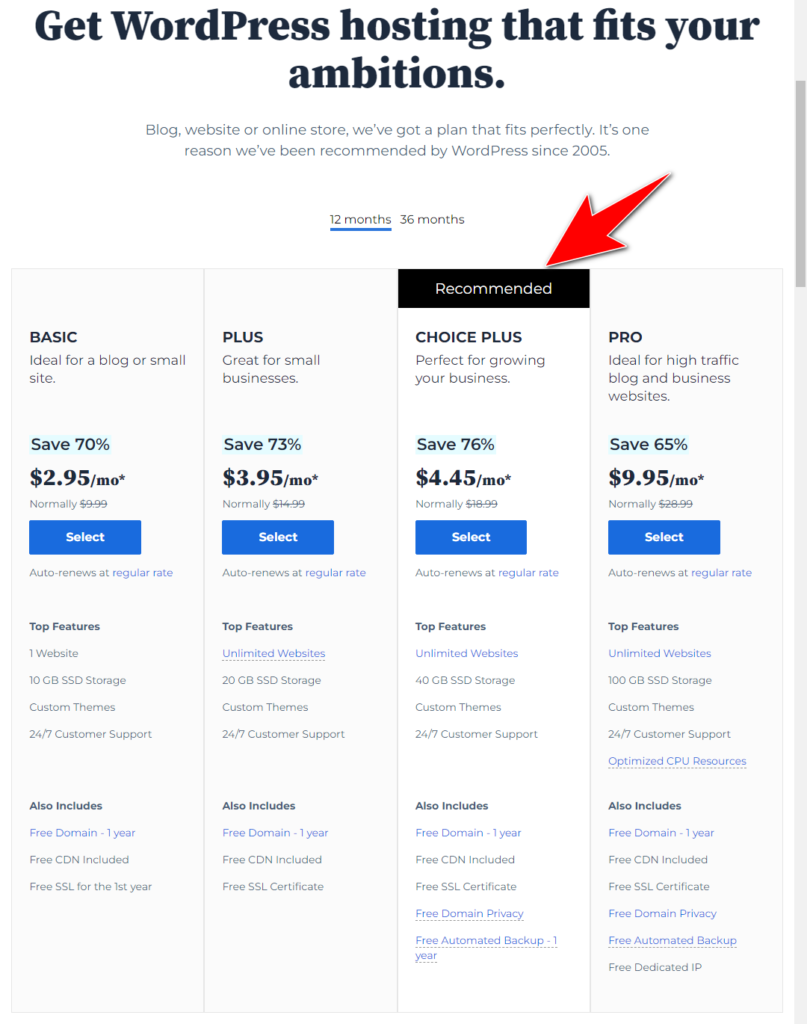 choose the bluehost plan