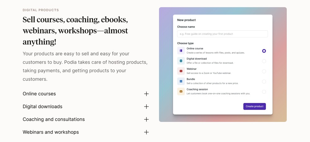 características de venta de podia