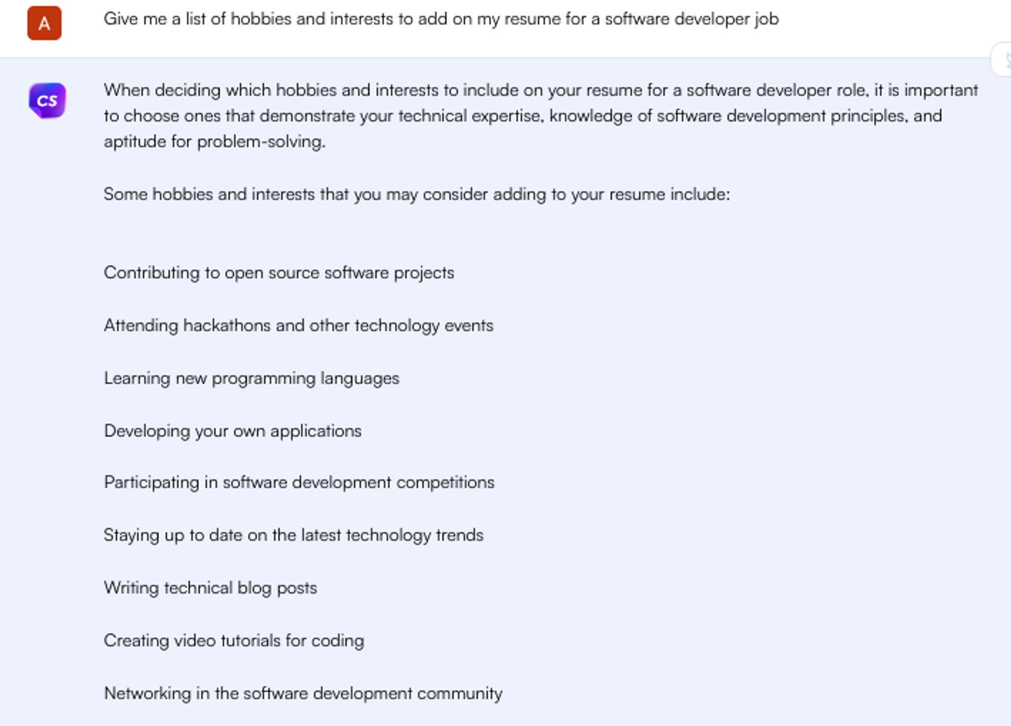 ChatGPT พร้อมท์ให้งานอดิเรกเพิ่มในเรซูเม่ - ค้นหางาน