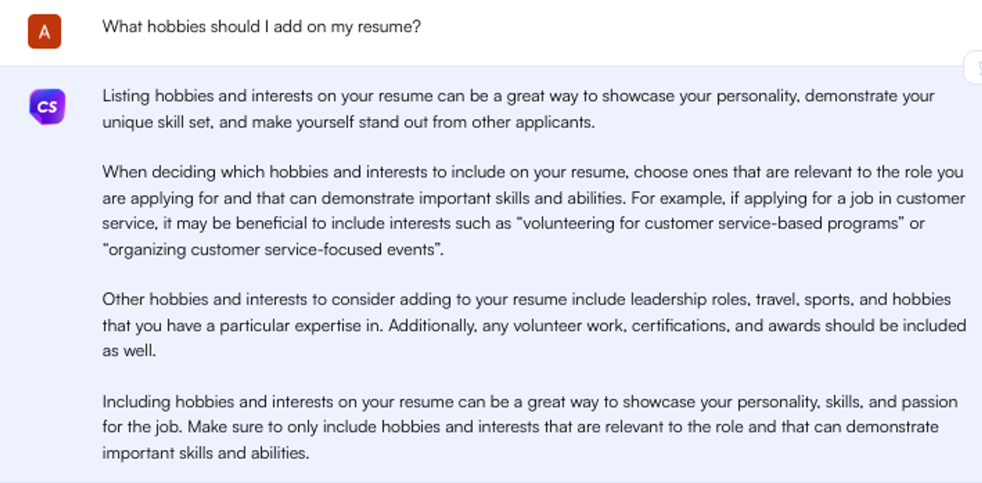 ChatGPT พร้อมท์ให้งานอดิเรกเพิ่มในเรซูเม่ - ค้นหางาน