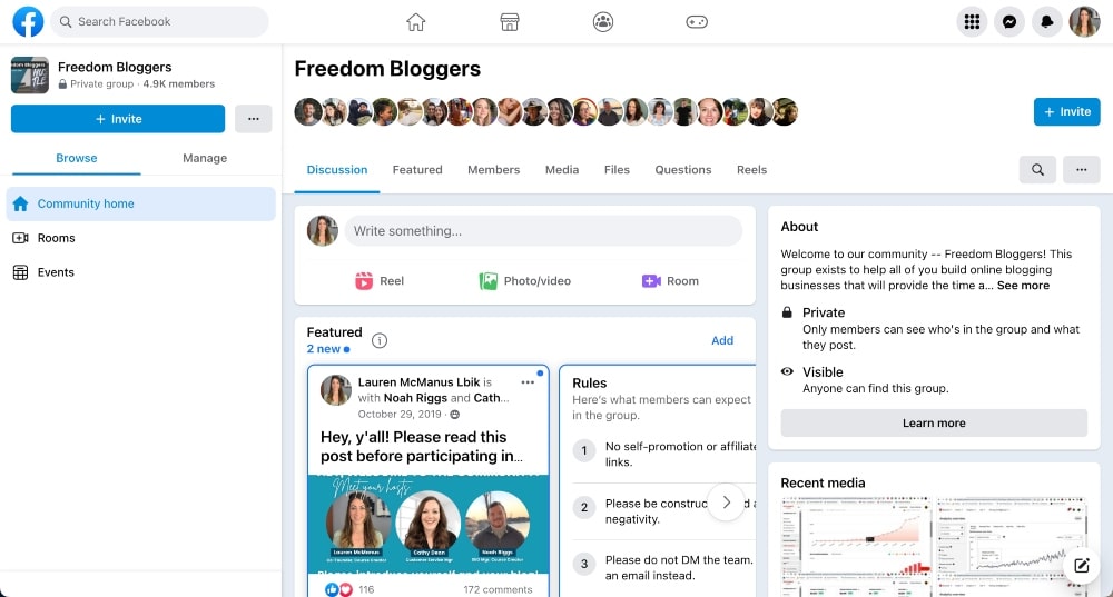 Facebook グループのユーザー インターフェイス