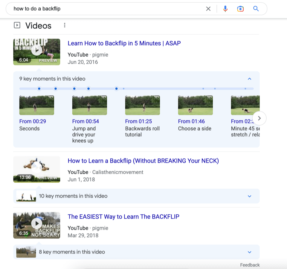 Une page de résultats de moteur de recherche montrant comment faire un backflip