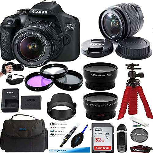 Câmera digital SLR EOS 2000D / Rebel T7 com kit de lentes 18-55mm (preta) + pacote de acessórios profissionais Expo (16 peças), CN2000DE32GBEXPOPRO