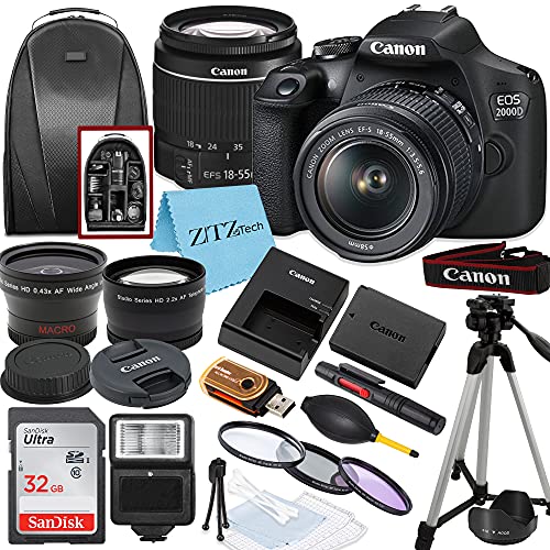 Canon EOS 2000D / Rebel T7 DSLR Camera with EF-S 18-55mm Lens + SanDisk 32GB Card Tripod Case Wideangle Lenses ZeeTech Accessory Bundle (20pc Bundle) (18-55MM, Card) (ต่ออายุ) สีดำ