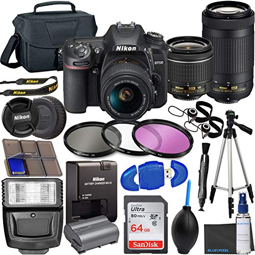 Nikon intl D7500 DX-Format Digital SLR w/AF-P DX NIKKOR 18-55mm f/3.5-5.6G VR Lens & AF-P DX 70-300mm f/4.5-6.3G ED Lens + 64GB Card, Tripod, Flash, Kit Filter 3 Bagian, Kotak, dan Lainnya