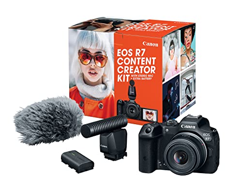Canon EOS R7 Content Creator Kit, cámara vlogging sin espejo, 32,5 MP, video 4K 60p, procesador de imagen DIGIC X, lente RF-S18-45mm F4.5-6.3 is STM, micrófono estéreo DM-E1D, batería LP-E6NH