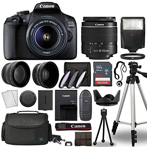 Câmeras Canon EOS 2000D / Rebel T7 Digital SLR Corpo com Canon EF-S 18-55mm f/3.5-5.6 Lens 3 Lens DSLR Kit Fornecido com Pacote de Acessórios Completo + 64GB + Flash + Mais - Modelo Internacional (Renovado)