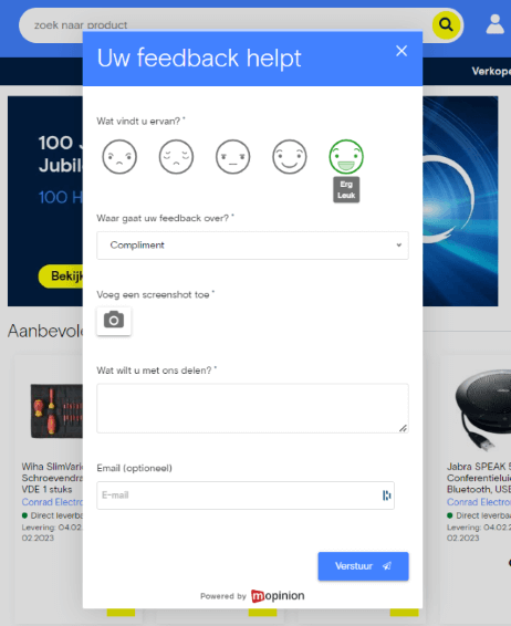 Modulo di feedback sul sito web di Conrad