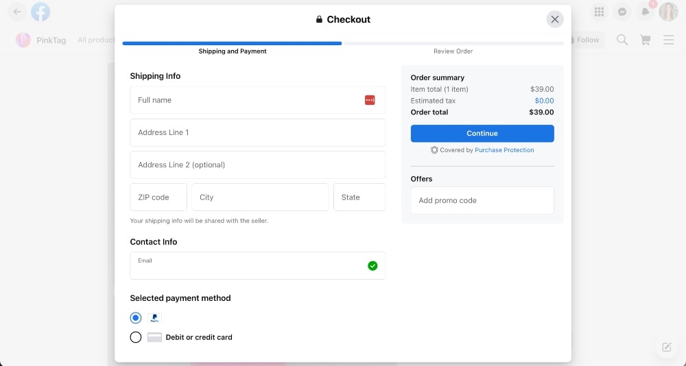 Cassa del negozio di Facebook