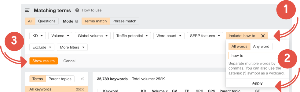 filtrowanie pasujących terminów w celu znalezienia słów kluczowych tofu mofu bofu
