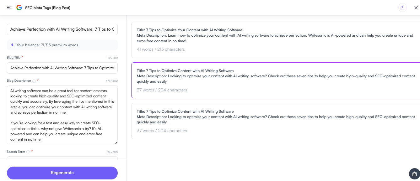 Writesonic SEO Meta Tags - scrie un blog cu ChatGPT