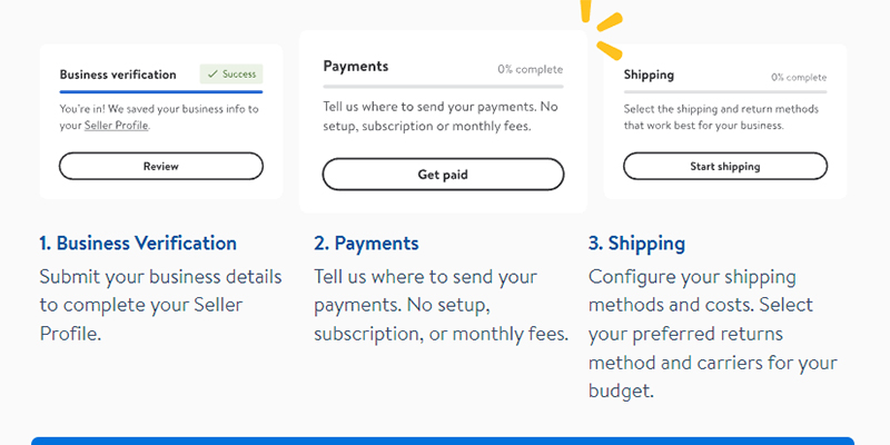 Capture d'écran des étapes d'enregistrement du compte vendeur Walmart