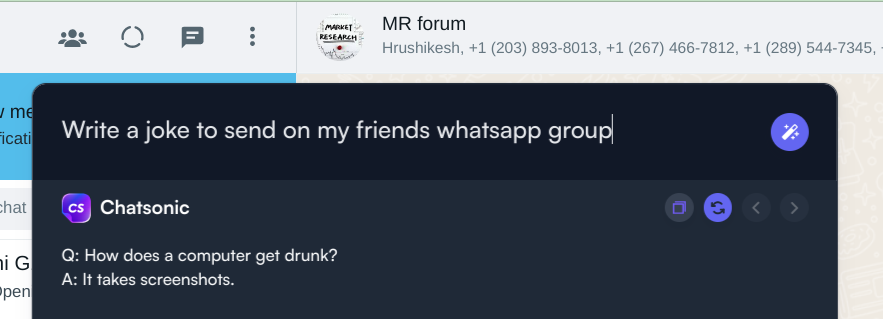 Witz in der WhatsApp-Gruppe – Anwendungsfälle für ChatSonic Chrome-Erweiterungen