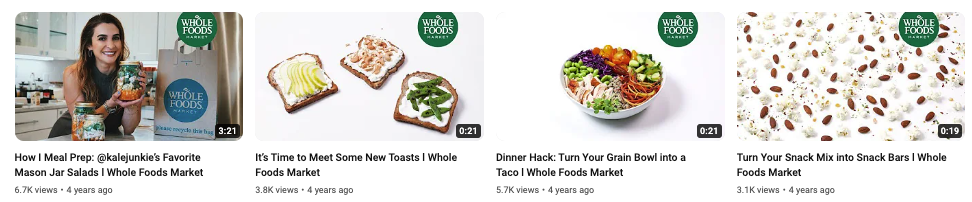 Exemplo de miniaturas do Whole Foods no Youtube