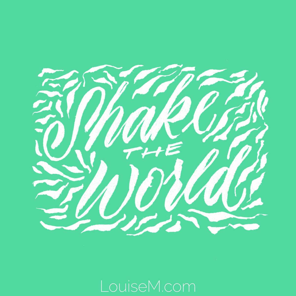 geaphic สีเขียวอ่อนมีตัวอักษรสีขาวว่าเขย่าโลก