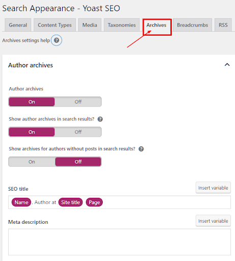 Arsip - Opsi default akan berfungsi tetapi menonaktifkan halaman arsip penulis dari mesin telusur jika ada blog penulis tunggal. Halaman arsip penulis mirip dengan arsip tanggal atau halaman blog yang membuat konten duplikat dan memengaruhi peringkat SEO Anda.