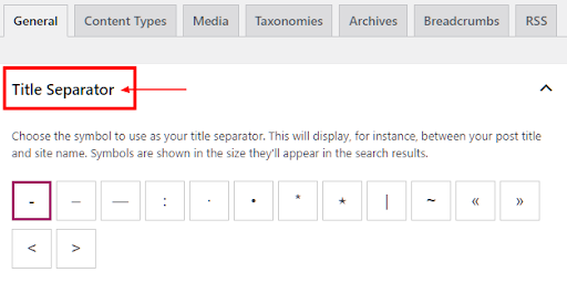 Pemisah Judul - Pilih simbol untuk digunakan sebagai pemisah antara judul posting dan nama situs. Simbol-simbol ini akan muncul di hasil pencarian google.