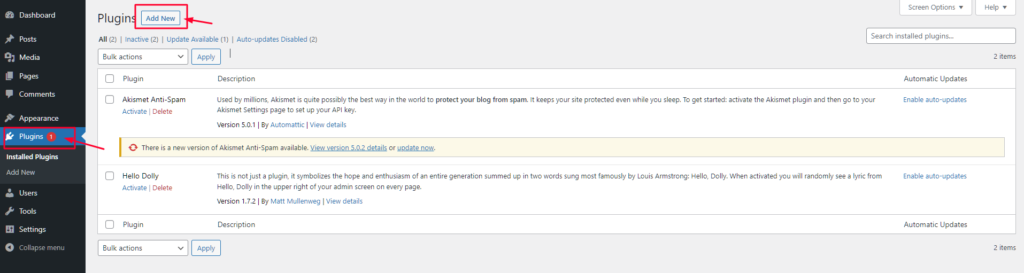 Pilih Tambahkan Baru dari Daftar Dropdown atau di atas Daftar Plugin.