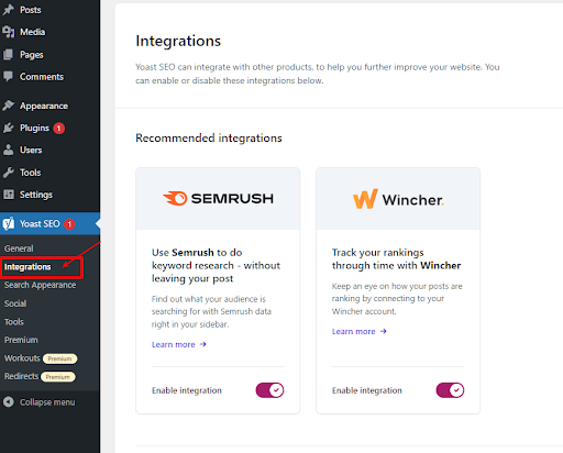 Klik Tab Integrasi - Jika Anda ingin berintegrasi dengan SEMRush atau Wincher yang direkomendasikan atau Integrasi lainnya.