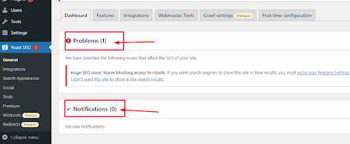 Klik ikon Yoast SEO dan itu akan membawa Anda ke Dasbor halaman pengaturan.