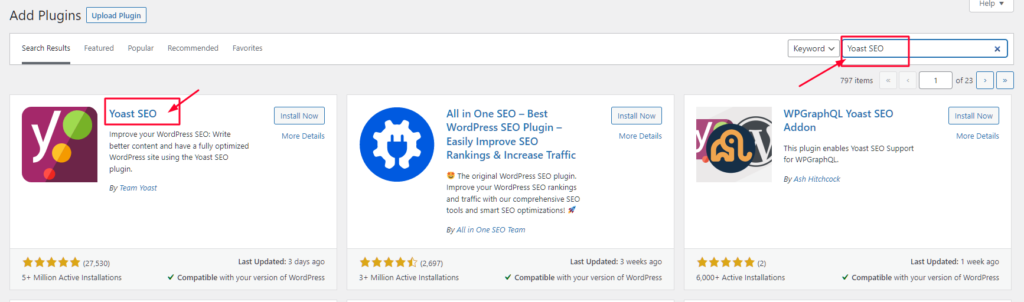 Di Bilah Pencarian, Cari Plugin Yoast SEO.