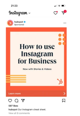 reclamă plătită hubspot care spune „Cum să folosești Instagram pentru afaceri”