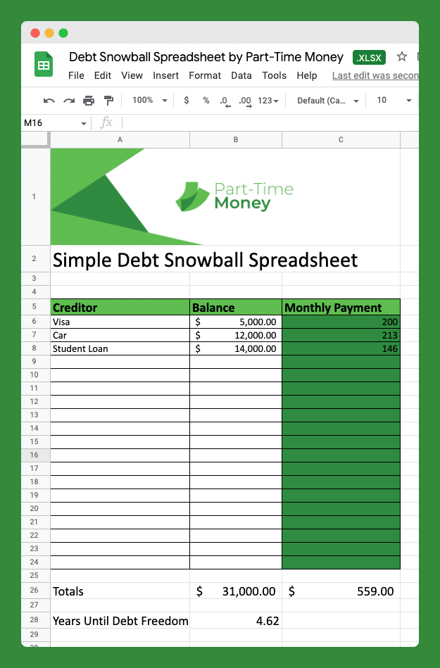 Debt Snowball Spreadsheet dengan Uang Paruh Waktu