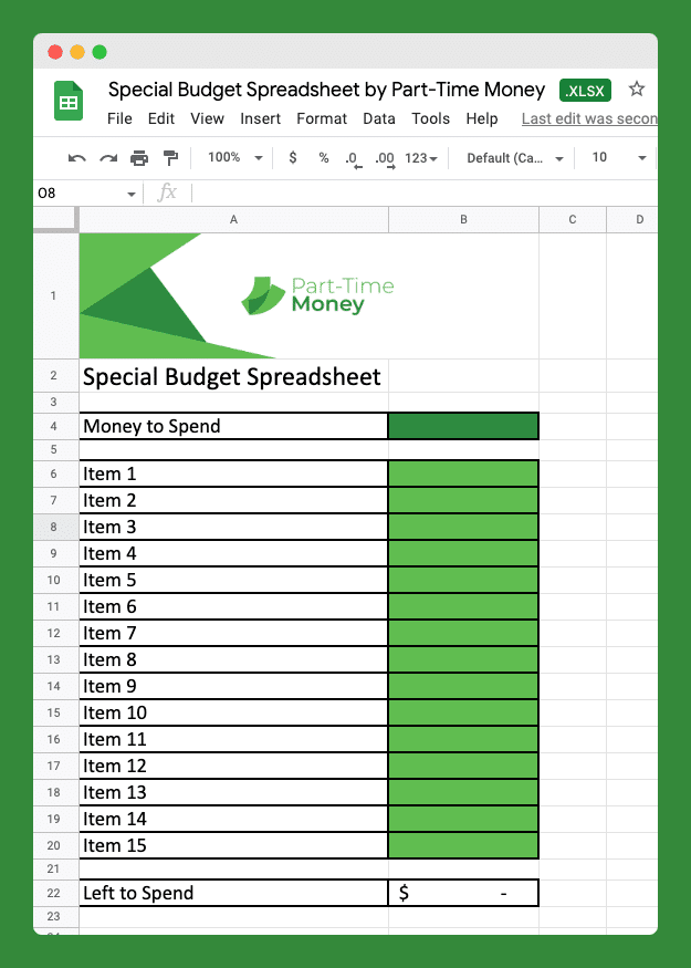 Spreadsheet Anggaran Khusus dengan Uang Paruh Waktu
