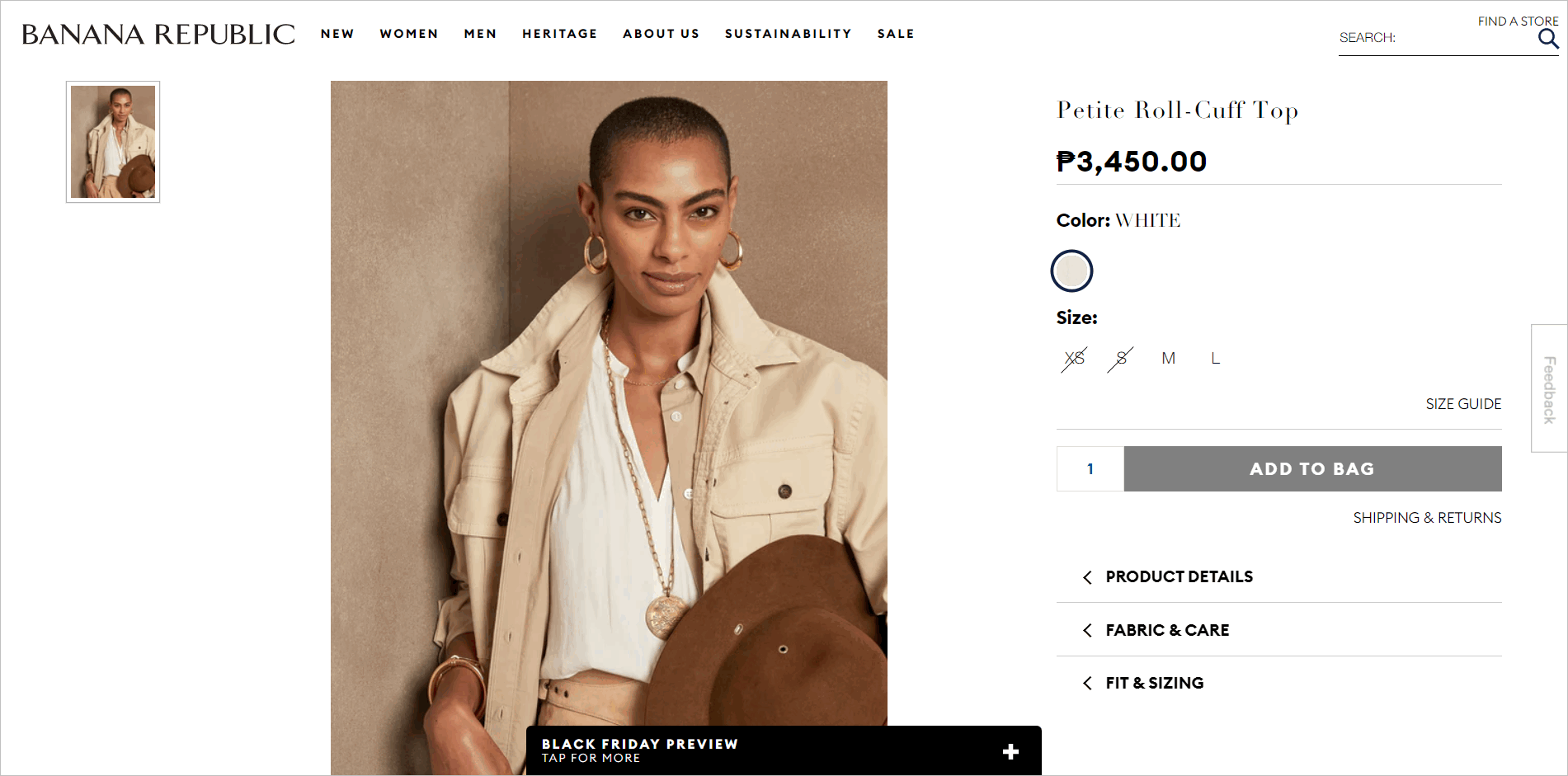 Halaman Detail Produk Banana Republic Product detail page with the e-commerce product image on the left side and the product details and CTA button on the right