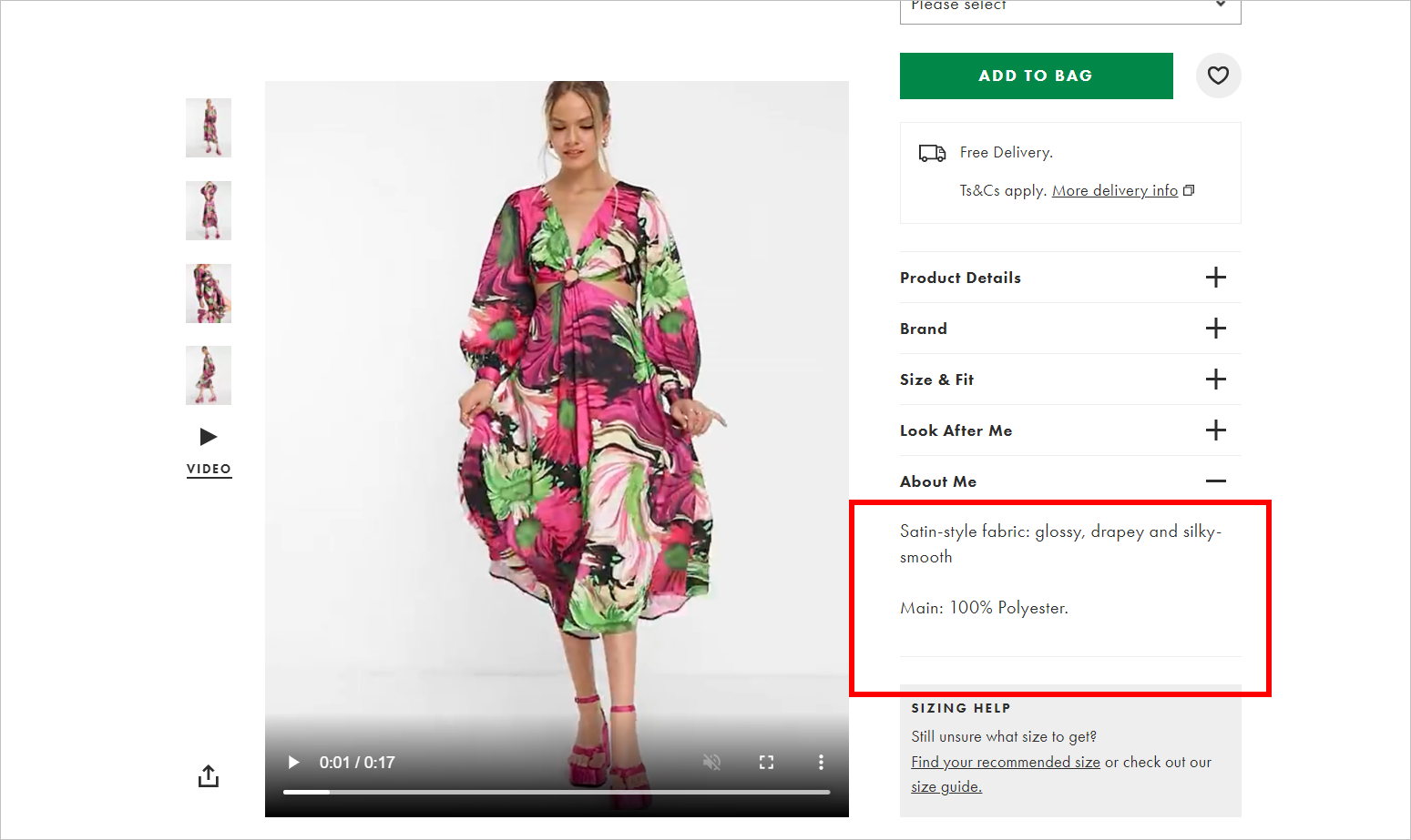 Video Halaman Detail Produk Asos.com PDP with images and video on the left and CTA and product details on the right. The video is playing and shows a woman in a floral dress