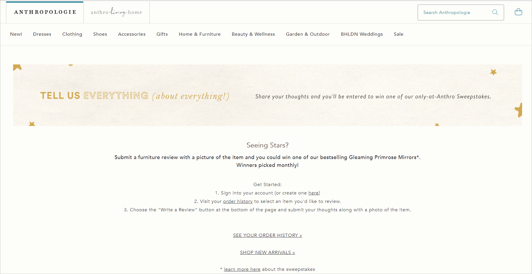 Halaman Ulasan Anthropologie.com A webpage discussing the mechanics of a promo. It tells users to sign in and submit a product review with a photo to qualify