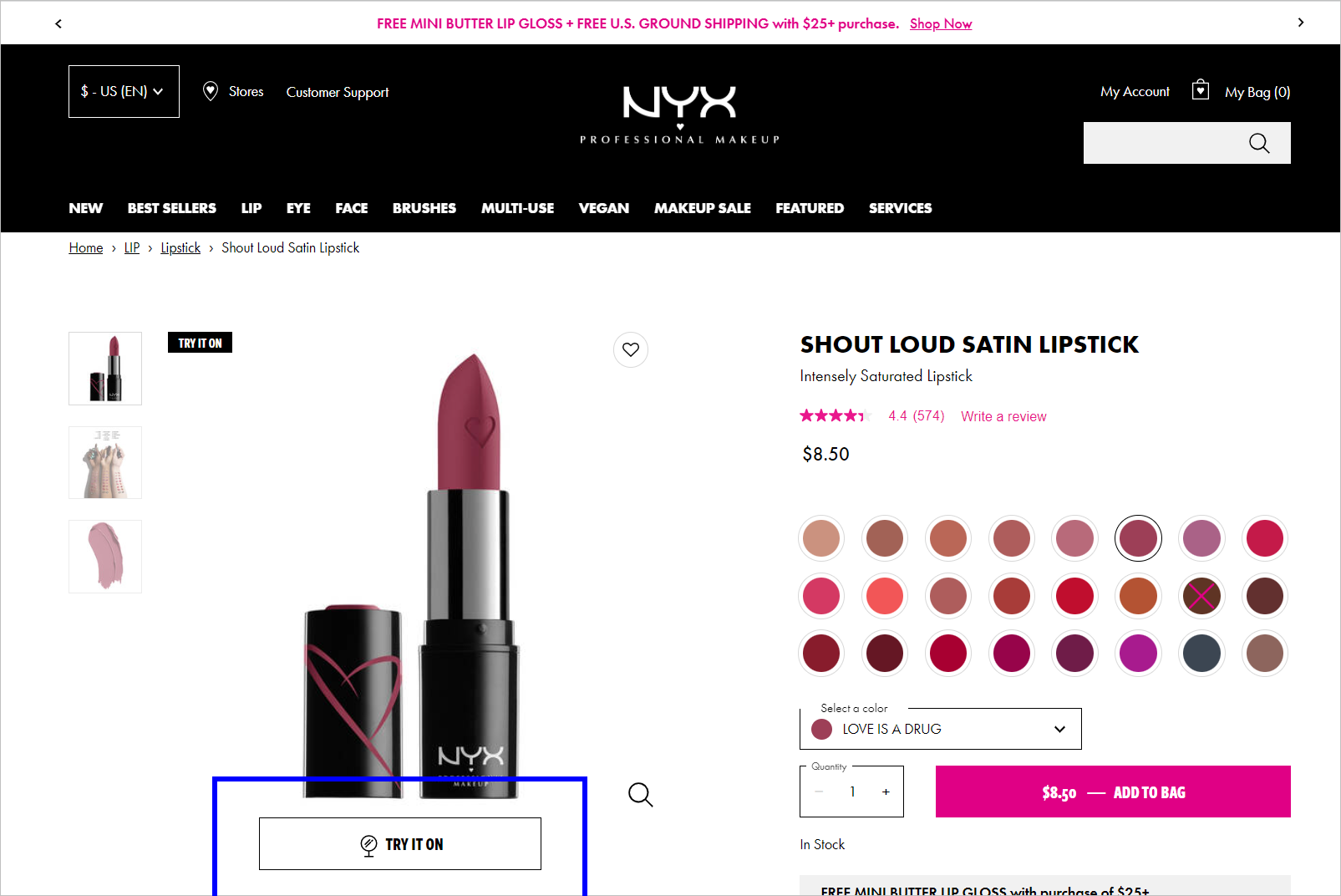 Halaman Detail Produk NYXCosmetics.com Lipstick product mages on the left and product details on the right including star ratings, colors available, and CTA button