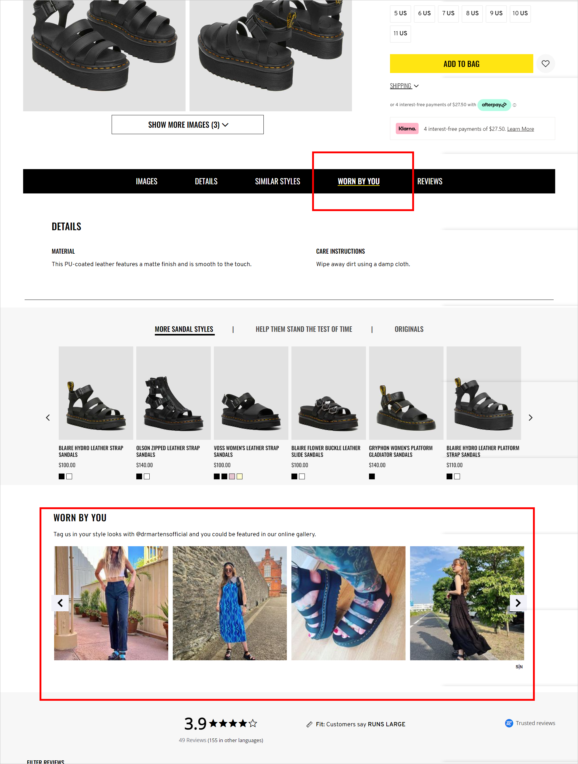 Halaman Detail Produk DrMartens.com Galeri Online Below the fold of the PDP for a pair of sandals. The area includes anchor links to the different sections of the page