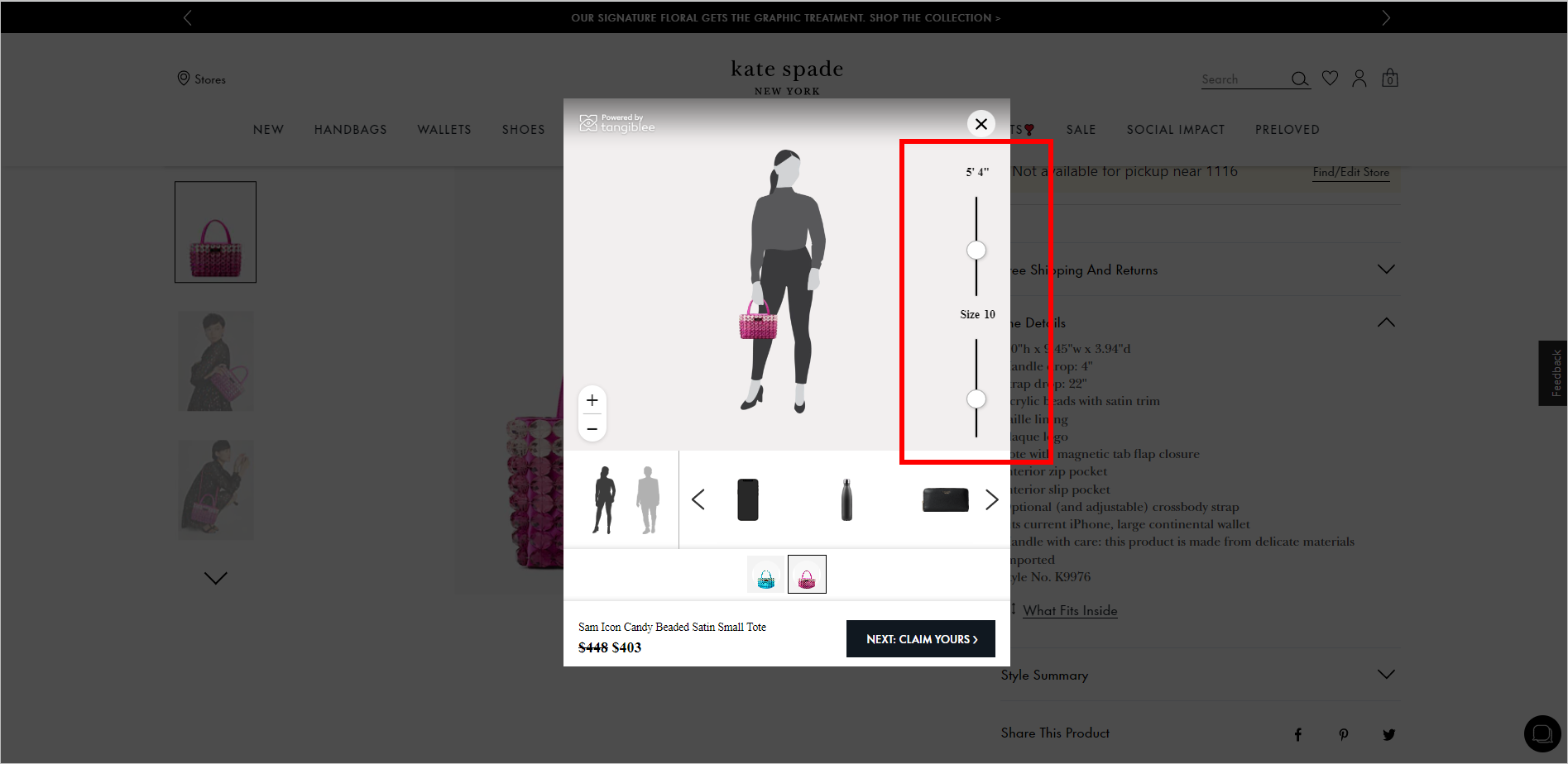 Modal Visualisasi KateSpade.com: Mengubah Tinggi Model dan Ukuran Tubuh Tangiblee visualization modal on PDP. It shows an illustration of a woman standing, holding a pink bag. Controls allow users to change the model size