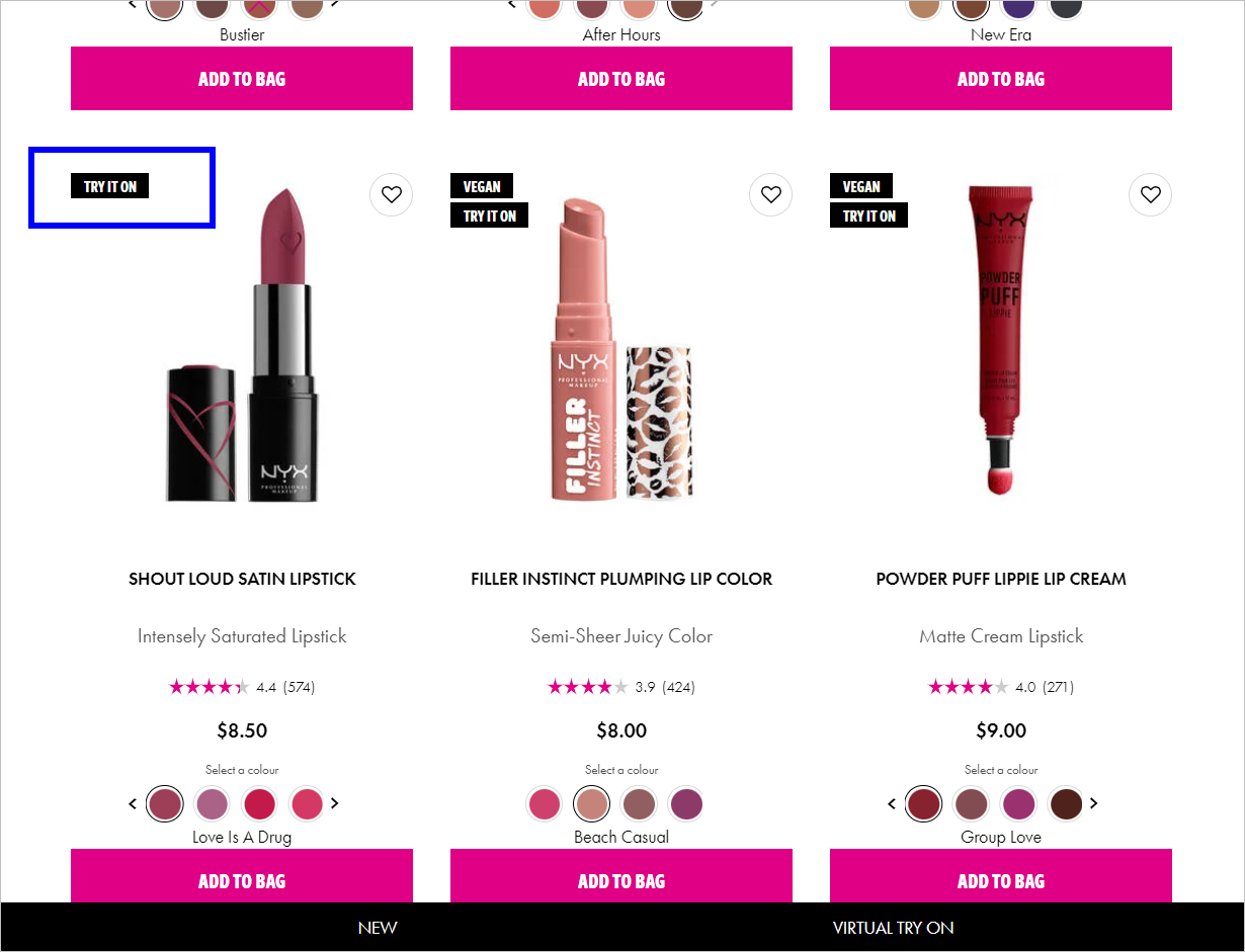 Halaman Kategori NYXCosmetics.com A cosmetics webpage with three lip products. Each has a name, star ratings, price, available colors, and CTA button below it