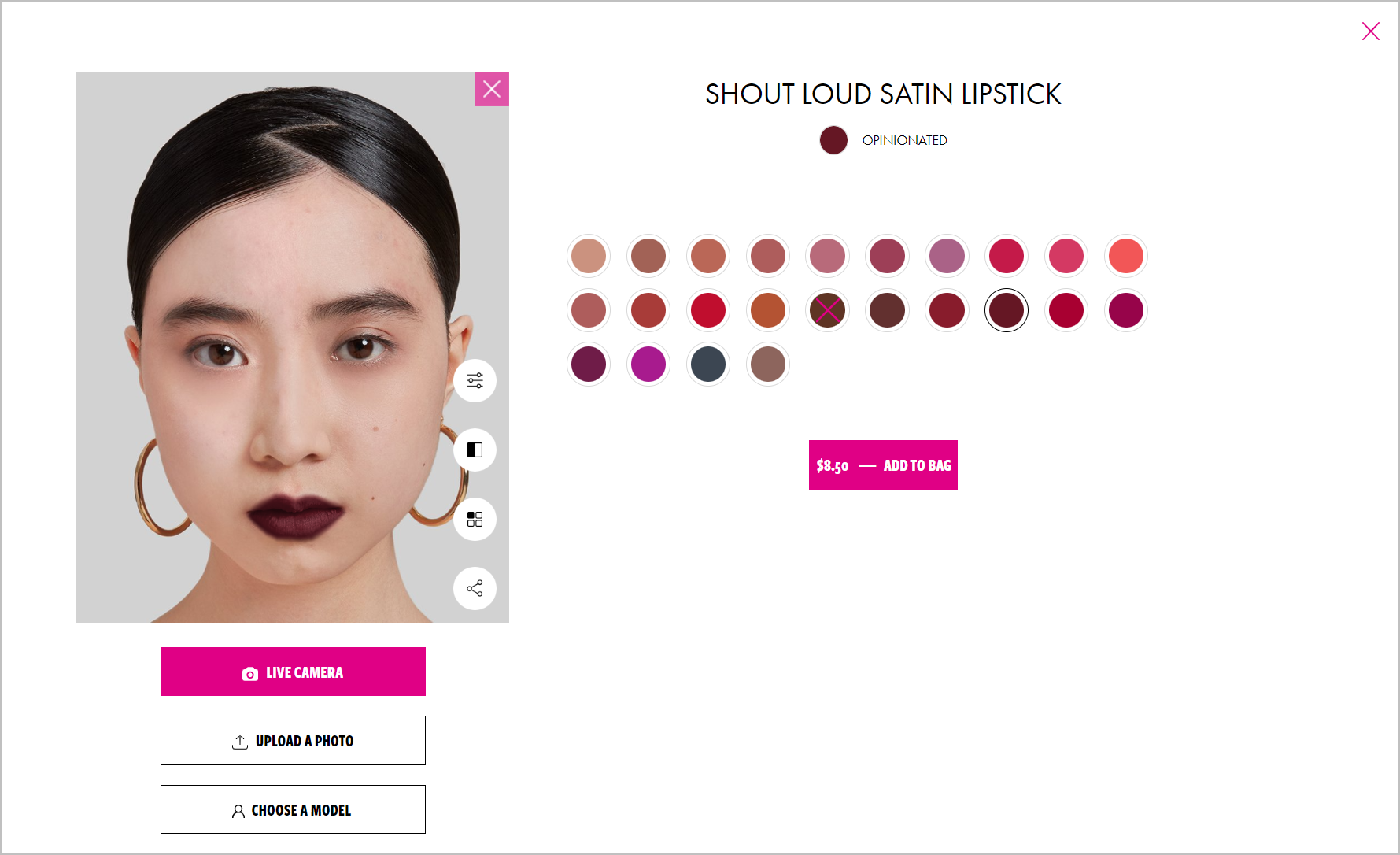 NyxCosmetics.com Uji Coba Virtual An image of a girl on the left with buttons below it. The product name, available colors, and CTA button are on the right.