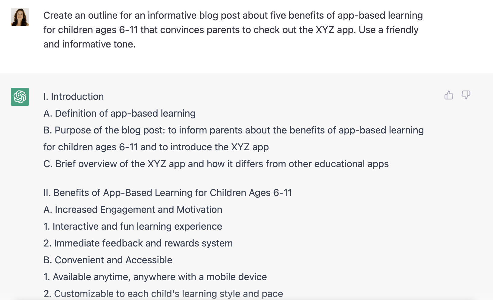 Снимок экрана, показывающий, как попросить ChatGPT создать план статьи