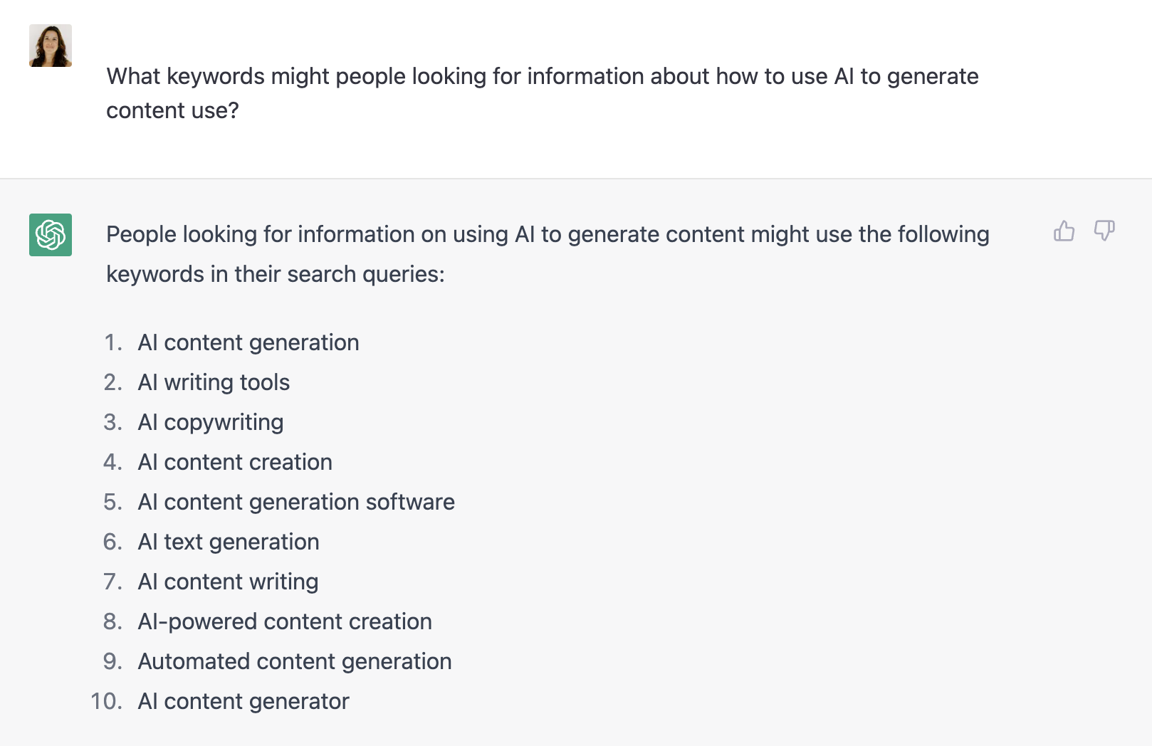 Скриншот использования chatgpt для исследования ключевых слов SEO