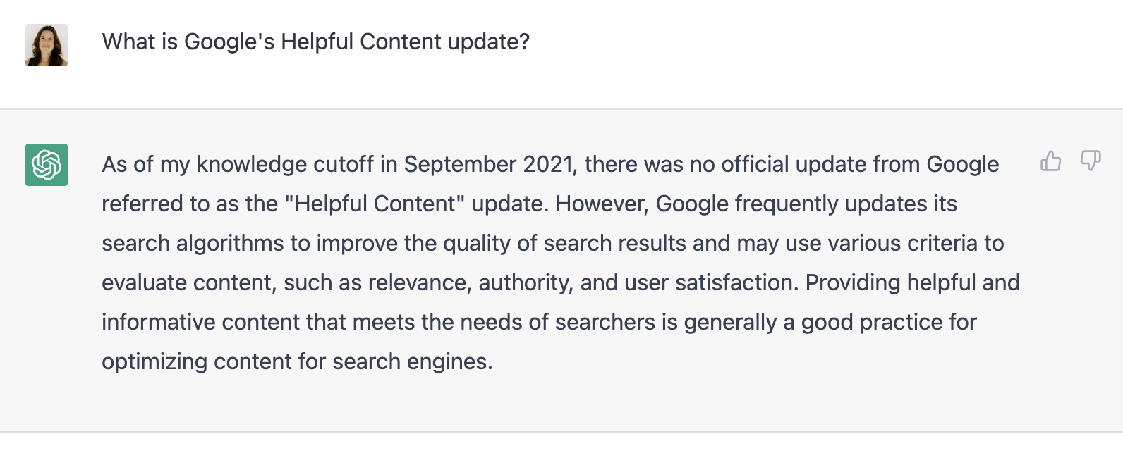 Снимок экрана, показывающий, что ChatGPT сообщает, что прекращение сбора данных — сентябрь 2021 г.