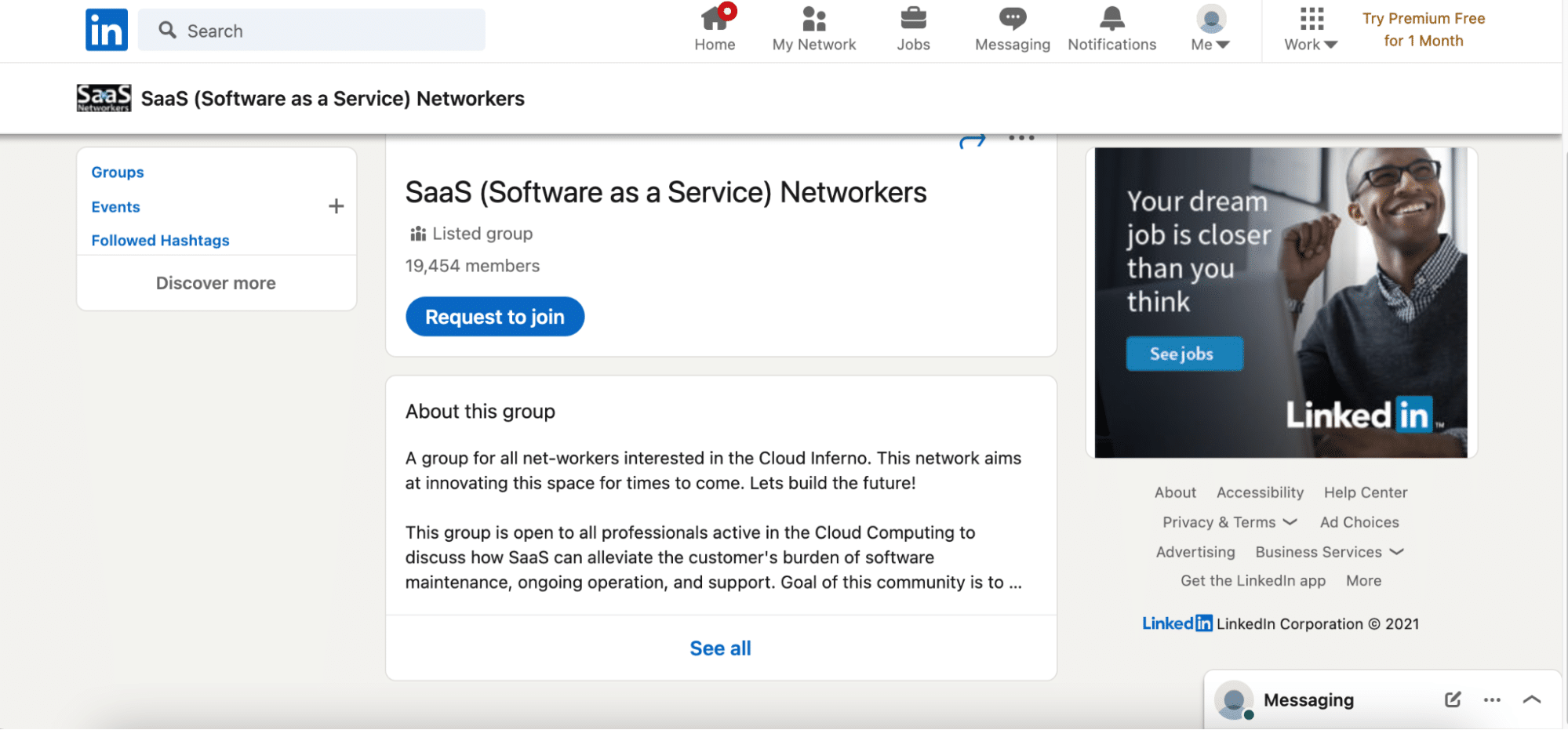 captura de pantalla de la página de LinkedIn para SaaS Networkers